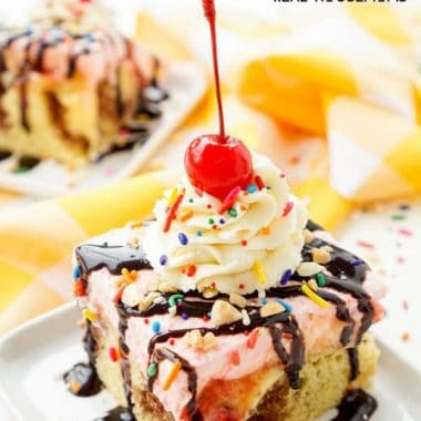 This BANANA SPLIT POKE CAKE will be the most fun dessert you'll make all summer! Layers of chocolate, vanilla, strawberry, banana, and the list goes on! Your family will beg you to make it again!