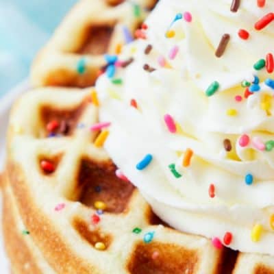 These BIRTHDAY CAKE WAFFLES are a fun way to kick off a day of celebration for that special someone! Made with cake mix, these waffles are an easy and sweet breakfast everyone will love!