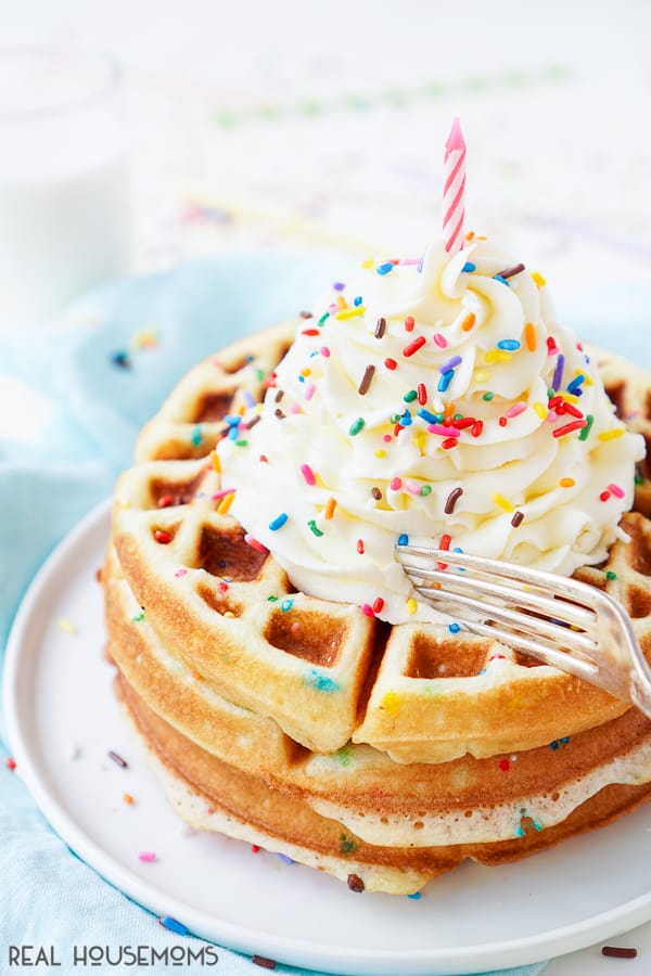 These BIRTHDAY CAKE WAFFLES are a fun way to kick off a day of celebration for that special someone! Made with cake mix, these waffles are an easy and sweet breakfast everyone will love!
