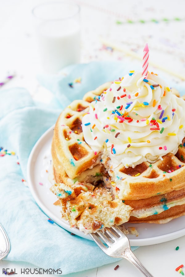 These BIRTHDAY CAKE WAFFLES are a fun way to kick off a day of celebration for that special someone! Made with cake mix, these waffles are an easy and sweet breakfast everyone will love!