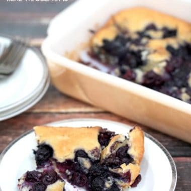 Sweet batter topped with vibrant blueberries make this easy BLUEBERRY COBBLER perfect for any brunch, or top it with a scoop of vanilla ice cream for a delicious dessert!