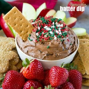 This 5-minute Brownie Batter Dip is loaded with chocolate and is the perfect addition to any holiday dessert table!