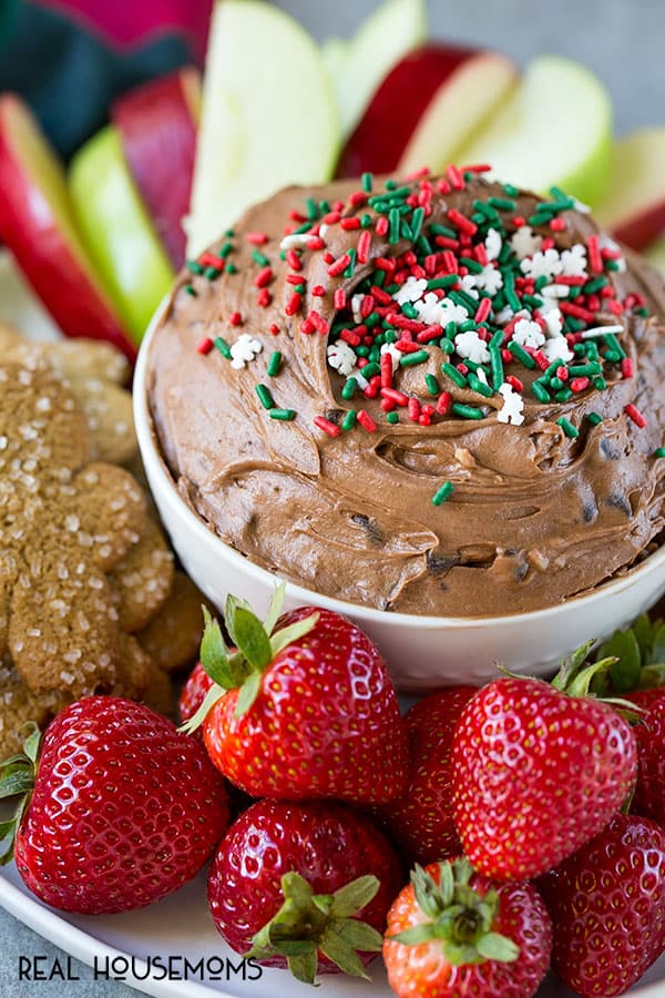 This 5-minute Brownie Batter Dip is loaded with chocolate and is the perfect addition to any holiday dessert table!