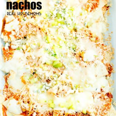 This easy sheet pan BUFFALO CHICKEN NACHOS recipe combines two game day favorites into one delicious bite!