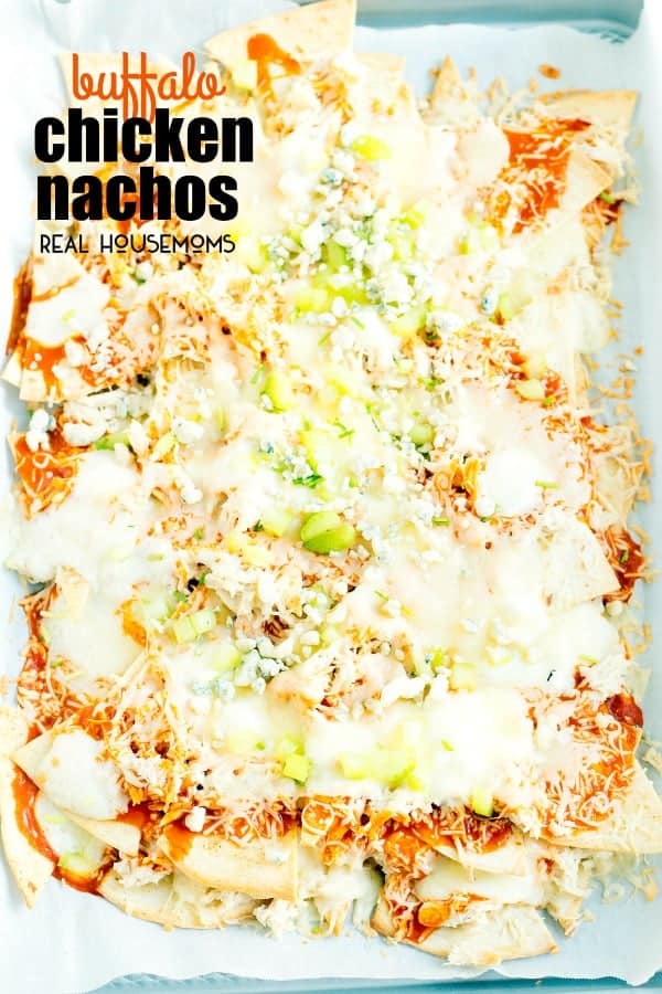 This easy sheet pan BUFFALO CHICKEN NACHOS recipe combines two game day favorites into one delicious bite!