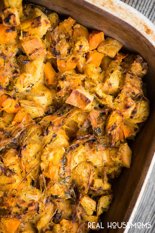 Butternut Squash and Leek Stuffing in a baking dish right out of the oven