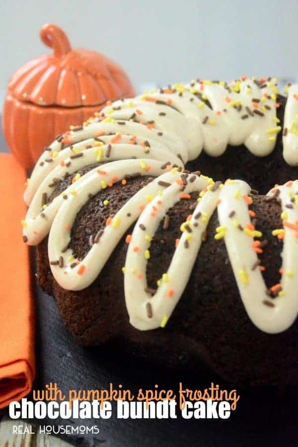 This Chocolate Bundt Cake with Pumpkin Spice Frosting, with its rich & decadent flavors, will be the star of your fall potluck!