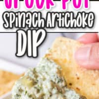two pics of crock pot spinach artichoke dip, top photo close up of dip in a bowl, bottom pic tortilla chip scoop of dip