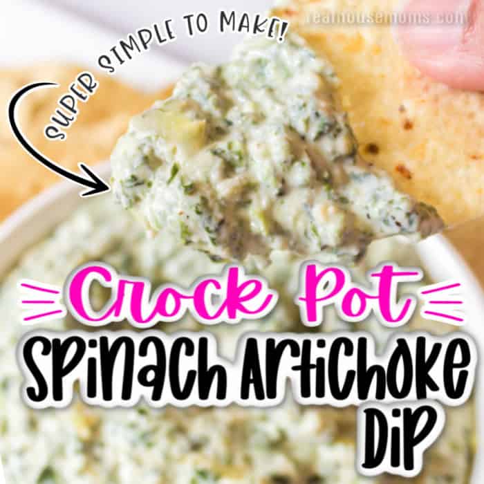 square image of spinach artichoke dip, close up of dip on a chip