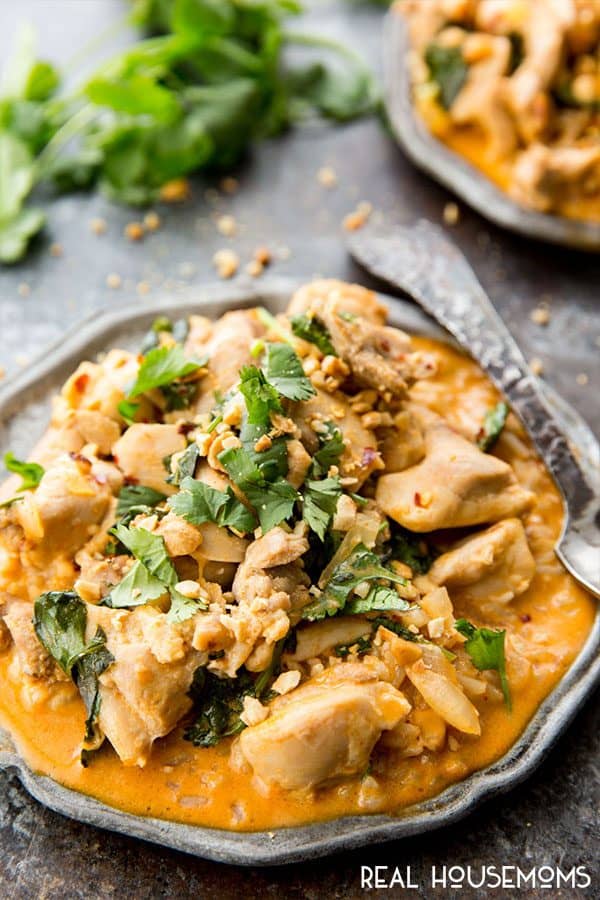 Red Curry Chicken topped with cilantro and peanuts on a plate