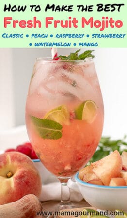 image of fresh fruit mojito with fruit and muddler laying next to it
