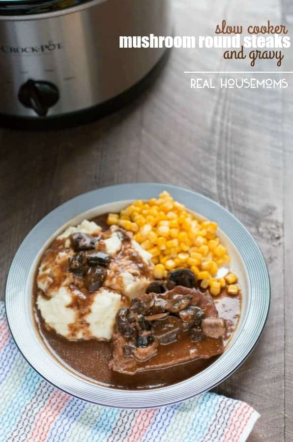 Try this SLOW COOKER MUSHROOM ROUND STEAKS WITH GRAVY for dinner this week. An inexpensive cut of meat made delicious with help from your slow cooker!