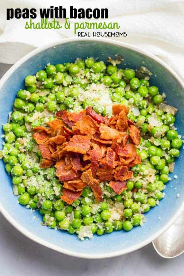 Peas with Bacon, Shallots, and Parmesan cheese is a quick, easy and super flavorful way to dress up a bag of frozen peas!