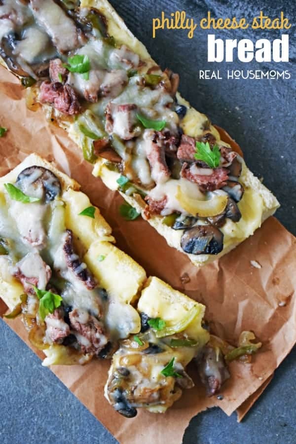 PHILLY CHEESE STEAK BREAD is an easy appetizer, dinner, or lunch recipe inspired by the traditional sandwich. This beefy, cheesy pizza bread disappears quickly, and is a snap to make!