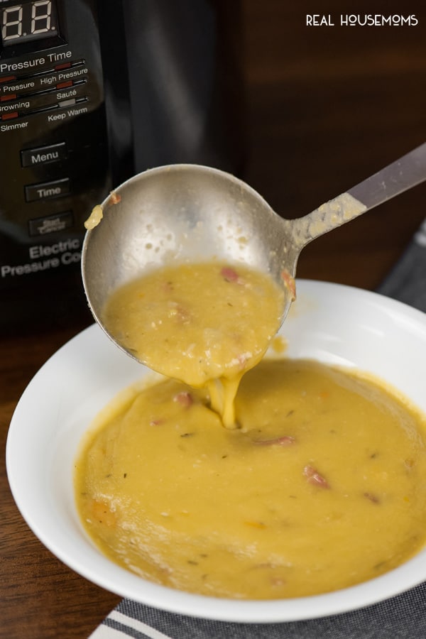 In 40 minutes, your electric pressure cooker can transform frozen smoked ham hocks and dried split peas into the most delicious and healthy PRESSURE COOKER SPLIT PEA SOUP!