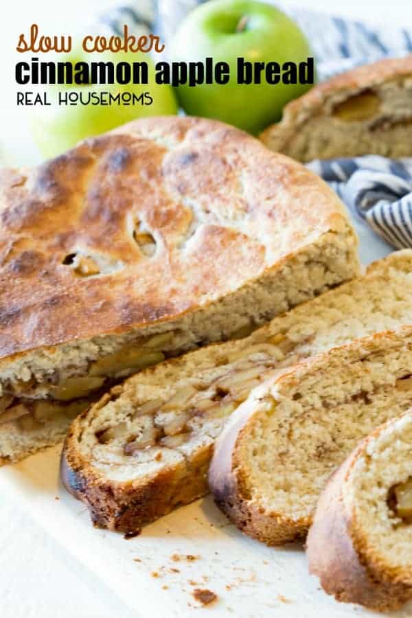 This Slow Cooker Cinnamon Apple Bread takes only 7 minutes prep time and then cooks in the slow cooker for an hour and a half for fresh, hot bread in under 2 hours with minimal work!