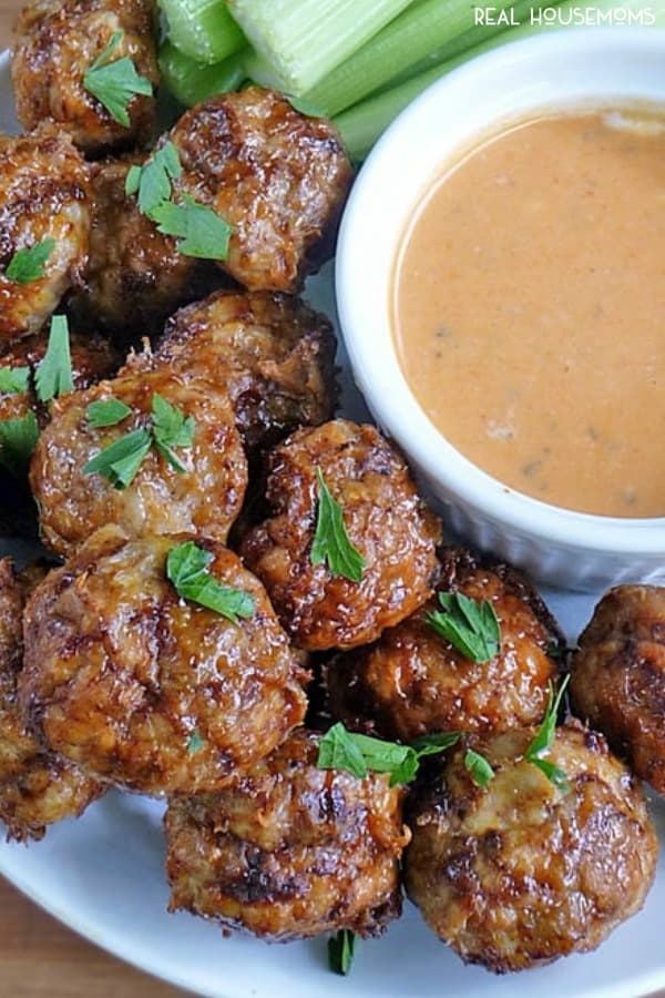 Spicy Chicken Meatballs piled up with dipping sauce