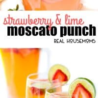 Strawberry & Lime Moscato Punch has the sweet flavor of your favorite wine with a great strawberry lime kick! This is an easy cocktail recipe, perfect for entertaining!
