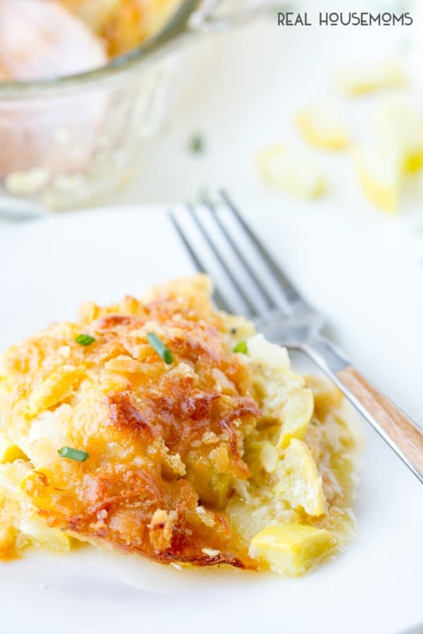 Plated serving of Yellow Squash Casserole with a fork